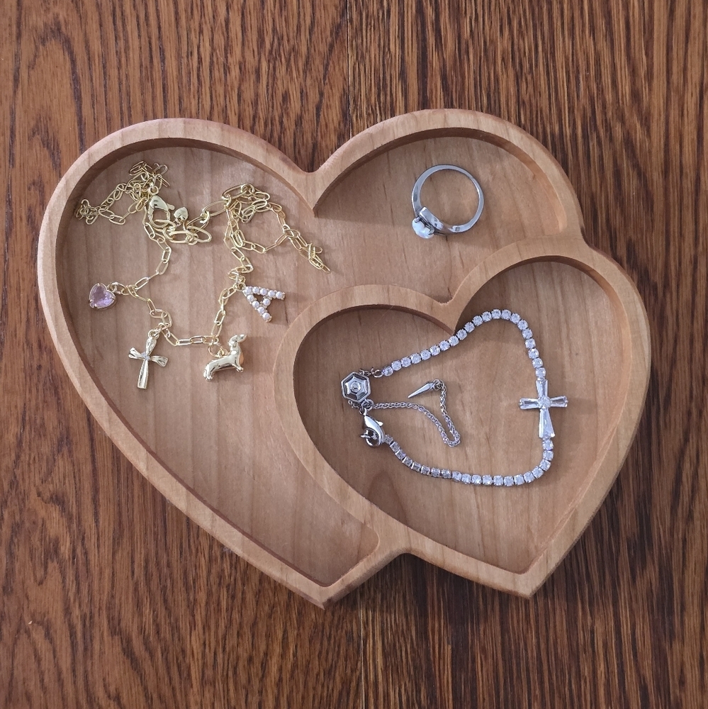 Handmade Double Heart Wooden Valet Tray Handcrafted in Alaska